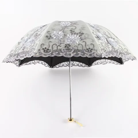 Women Folding UV Protection Parasol Lace Embroidery Double Layer Black Vinyl Three Fold Sun Rain Umbrella