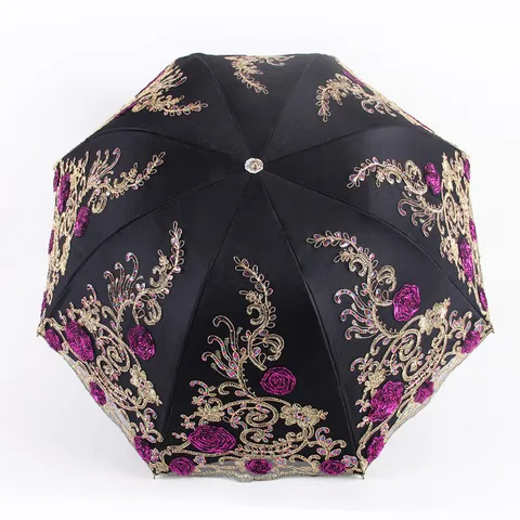 Womens Three Fold Lace Double Layer Embroidered Sun Umbrella UV Protection Black Glue Floral Parasol Rainy Umbrella