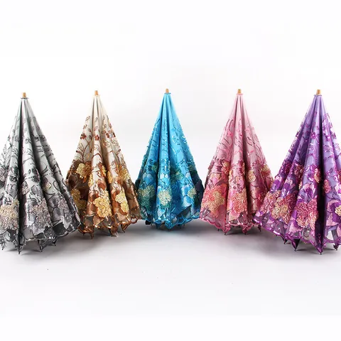 Women's Double Layer Black Coating UV Protection Two Fold Sun Umbrella Embroidered Lace Floral Folding Rain Umbrella