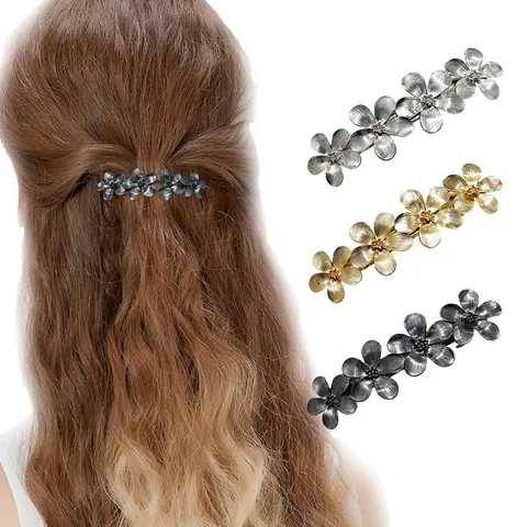 Pinza para el Pelo de Resorte de Metal Estilo Francés Elegante Aleación Strass Floral Pasadores Para Mujeres Accesorios para el Cabello Fiesta Joyería