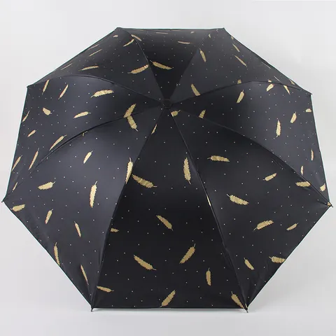 Compact Three Fold Umbrella UV Protection Sun Umbrella Rainproof Black Glue Pongee Feather Grid Pattern Folding Umbrella