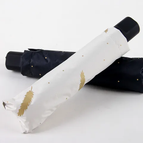 Compact Three Fold Umbrella UV Protection Sun Umbrella Rainproof Black Glue Pongee Feather Grid Pattern Folding Umbrella