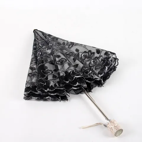 Women Folding Sun Umbrella UV Protection Parasol Double Layer Lace Embroidery Black Glue Luxury