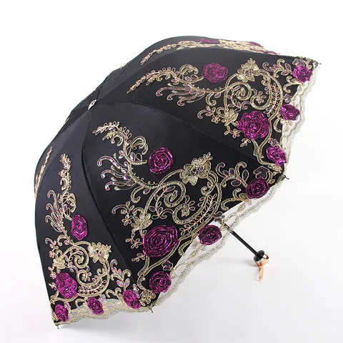 Womens Three Fold Lace Double Layer Embroidered Sun Umbrella UV Protection Black Glue Floral Parasol Rainy Umbrella