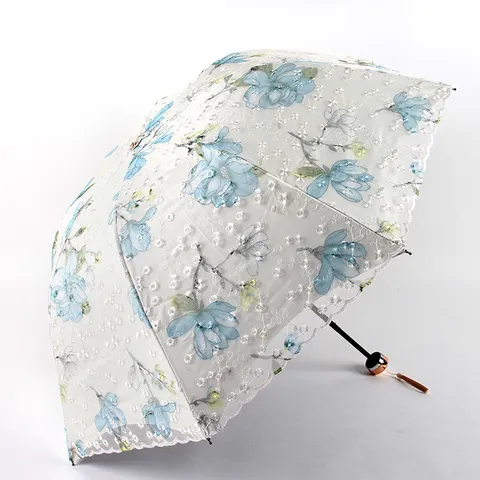 Women Three Fold Rain Umbrella Double Layer Lace Embroidery Sun UV Protection Folding Umbrella Floral Parasol