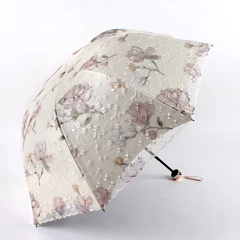 Women Three Fold Rain Umbrella Double Layer Lace Embroidery Sun UV Protection Folding Umbrella Floral Parasol