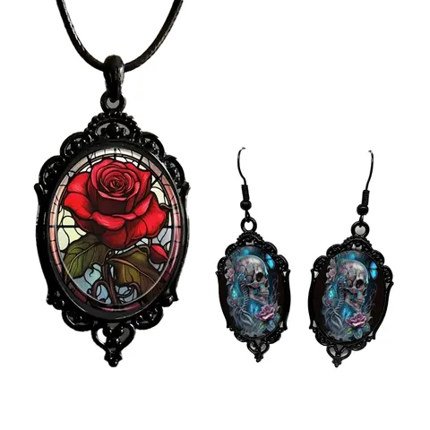 Gothik Vintage Rabe Rose Hexe Fledermaus Halskette Und Ohrringe Set Legierung Kristall Glas Dunkler Ästhetik Schmuck