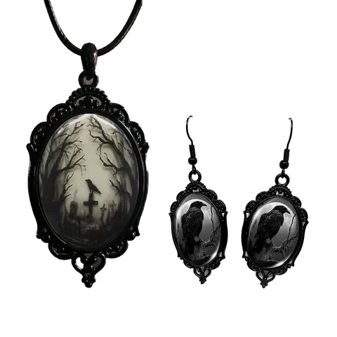 Gothik Vintage Rabe Rose Hexe Fledermaus Halskette Und Ohrringe Set Legierung Kristall Glas Dunkler Ästhetik Schmuck