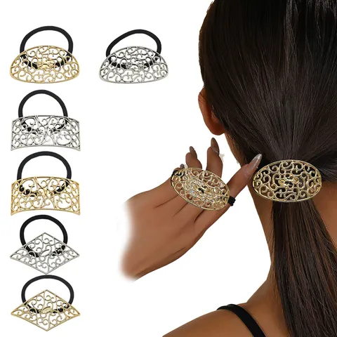 French Vintage Hollow Geometric Alloy Hair Ties For Women Gold Silver Electroplated High Elastic Rubber Band Hair Ring Elegant Flower Bowknot Rhinestone Headwear