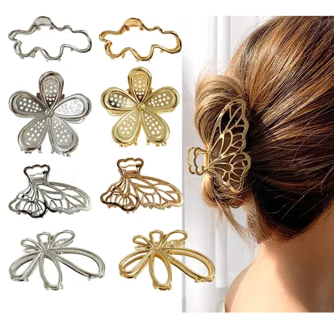 Fashion Zinc Alloy Floral Butterfly Metallic Hair Claw Elegant Artificial Pearl Electroplated Shark Clip For Women Daily Party Hair Accessory