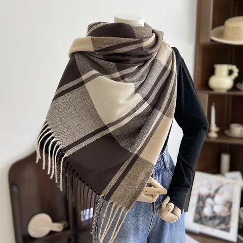 Écharpe Imitation Cachemire Chaud Hiver pour Femmes Mode Grand Châle à Carreaux et Glands Décontracté Polyvalent Long Foulard