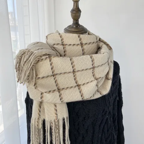 Hiver Chaud Carreaux Faux Cachemire Écharpe Pour Femmes Classique À Carreaux Glands Longue Châle Doux Casual Hiver Cou Écharpe