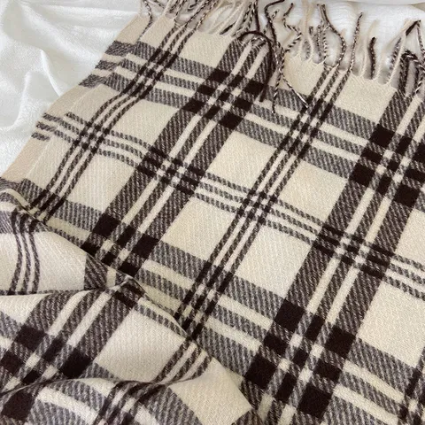 Écharpe d'Hiver en Faux Cachemire pour Femme Châle Long à Carreaux Classique avec Glands Chaud Doux