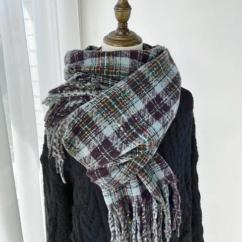 Écharpe à Carreaux en Imitation Cachemire Chaud d'Hiver pour Femmes Glands Rétro Châle Épaissi