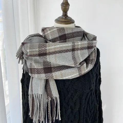 Écharpe à Carreaux en Imitation Cachemire Épaisse d'Hiver pour Femmes Style Coréen Châle Long Chaud à Glands Mode Tour de Cou d'Hiver