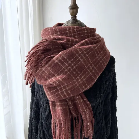 Écharpe à Carreaux d'Hiver pour Femme Motif écossais Classique Faux Cachemire Châle Chaud à Longues Glands Décontracté