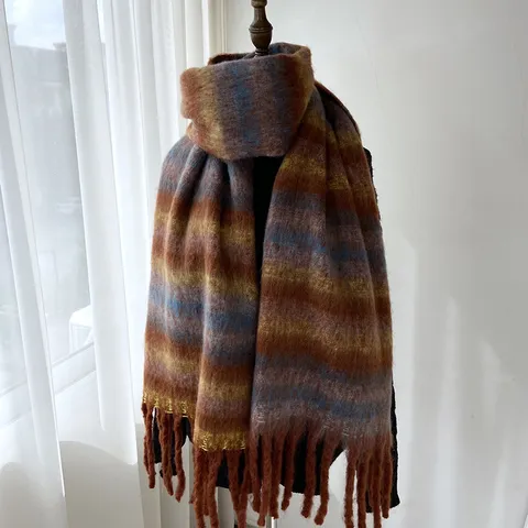Écharpe d'Hiver Chaude en Faux Cachemire pour Femme Châle Long à Carreaux Tartan Glands Doux Confortable Casual Tour de Cou Accessoire