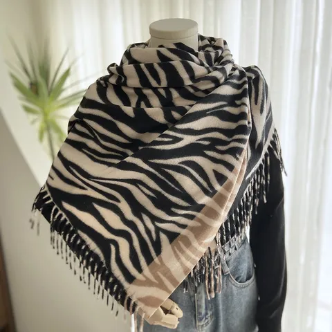 Femmes Mode Color Block Imprimé Zèbre Glands Écharpe Hiver Chaud Imitation Cachemire Châle Long Foulard