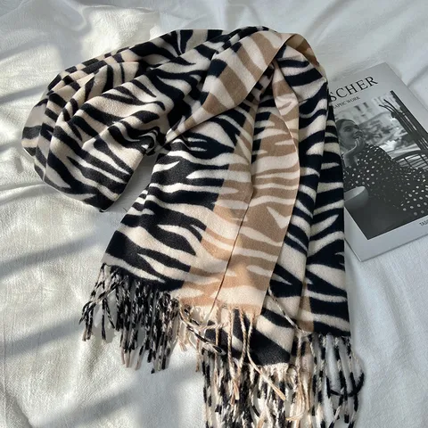 Femmes Mode Color Block Imprimé Zèbre Glands Écharpe Hiver Chaud Imitation Cachemire Châle Long Foulard