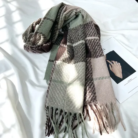 Écharpe à Carreaux à Glands Style Coréen Épaissie pour Femmes Automne Hiver Châle Chaud en Faux Cachemire Accessoire de Mode
