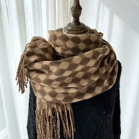Écharpe d'Hiver pour Femmes en Imitation Cachemire Épaissie Rétro Grille Circulaire Carreaux Gland Châle Chaud Doux Décontracté Longue Écharpe