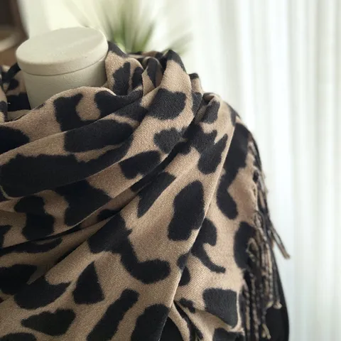 Femmes Hiver Chaud Imitation Cachemire Écharpe Double Face Imprimé Léopard Châle à Glands Décontracté Doux Longue Écharpe
