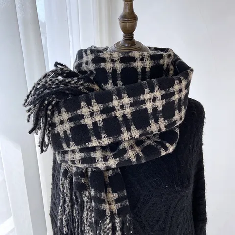 Femme Hiver Chaud Carreaux Écharpe Imitation Cachemire Gland Longue Écharpe Rétro Style Coréen Décontracté Mode Châle