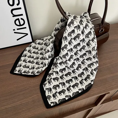 Women Fashion Vintage Horse Print Square Scarf Elegant Black Navy Orange Red Polyester Neck Scarf Wrap Bag Ribbon