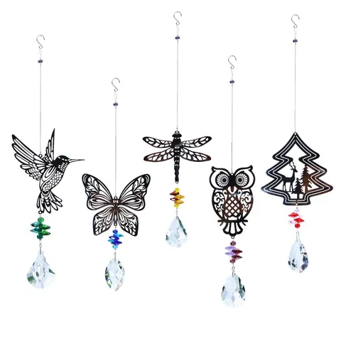 Ornamento Sospeso in Vetro di Cristallo Metallo Colibrì Farfalla Libellula Gufo Albero di Natale Decorazione Finestra Giardino Acchiappasole
