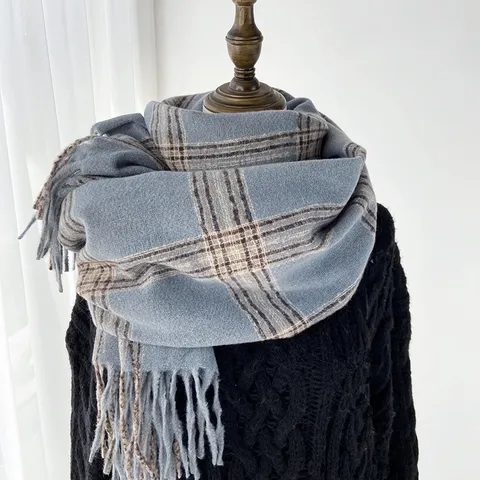 Femmes Hiver Chaud Imitation Cachemire Écharpe à Carreaux Glands Long Châle Doux Décontracté Épais Mode Chauffe-Cou