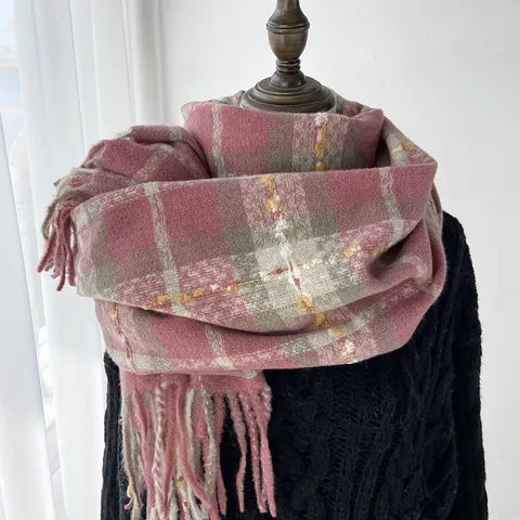Écharpe Carreaux Femme Hiver Épaissie Imitation Cachemire Chaud Doux Glands Châle Long Style Coréen Mode