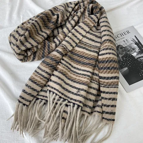Écharpe d'Hiver en Faux Cachemire pour Femmes Châle Long Chaud à Glands Style Coréen Design Rayé Doux Mode Écharpe de Cou Quotidienne