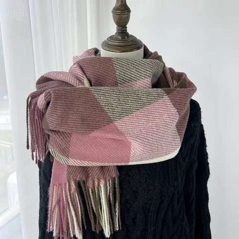 Écharpe à Carreaux Épaisse d'Hiver pour Femmes Style Coréen Gland Long Châle Chaud Doux Polyester Tour de Cou Accessoires d'Hiver