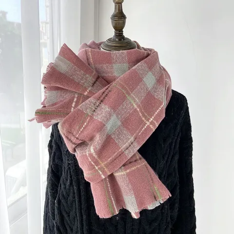 Écharpe à Carreaux Épaisse d'Hiver pour Femmes Rétro Chale Longue Chaud Glands Imitation Cachemire Doux Quotidien