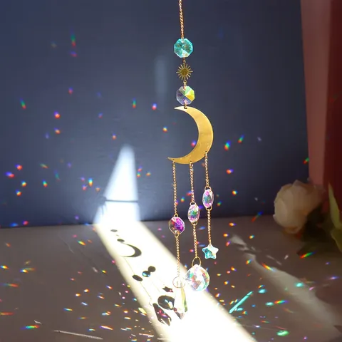 Acchiappasole Sospeso in Vetro di Cristallo Prisma Creatore di Arcobaleno Finestra Decorazione per la Casa Ornamenti Luna Stella Dorata