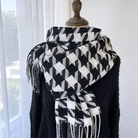 Womens Houndstooth Imitation Cashmere Scarf Winter Warm Long Tassel Shawl Soft Fashion Blanket Wrap