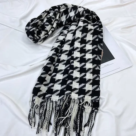 Womens Houndstooth Imitation Cashmere Scarf Winter Warm Long Tassel Shawl Soft Fashion Blanket Wrap