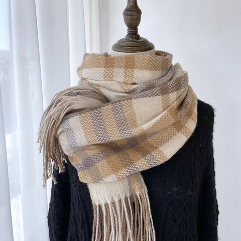 Écharpe d'Hiver pour Femmes Motif à Carreaux Classique Effet Cachemire Franges Long Châle Chaud Mode Décontracté