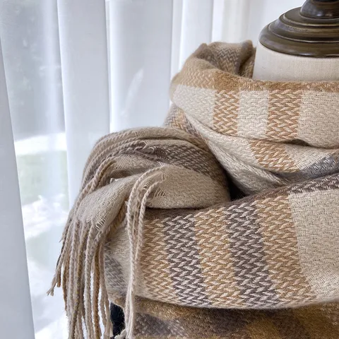 Écharpe d'Hiver pour Femmes Motif à Carreaux Classique Effet Cachemire Franges Long Châle Chaud Mode Décontracté