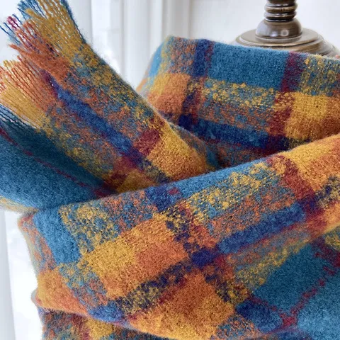 Écharpe à Carreaux d'Hiver pour Femmes en Imitation Cachemire Glands Châle Chaud Rétro Style Coréen Longue Écharpe d'Hiver