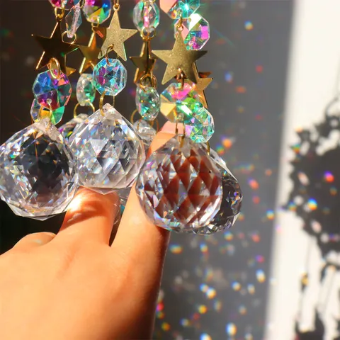 Natural Crystal Crushed Stone Pentagram Wind Chime Hanging Ornament Handmade Gemstone Crystal Ball Sun Catcher Garden Decor
