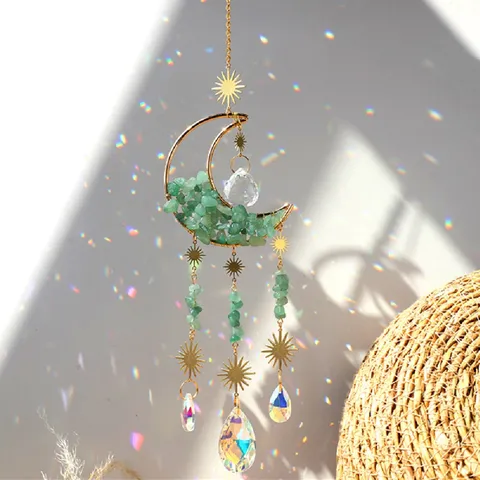 Ciondolo Acchiappasole Luna in Ghiaia di Cristallo Naturale Stella Luna Campanello di Vento Ornamento Sospeso Decorazione Casa