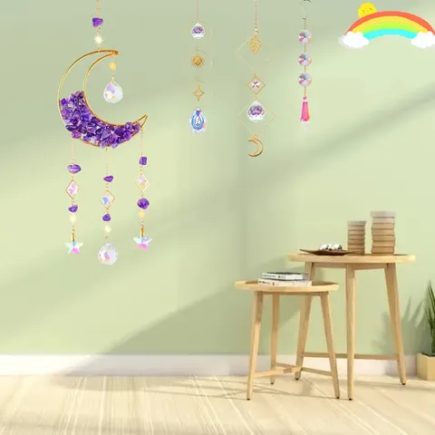 Kit DIY Acchiappasole in Cristallo con Luna Sabbia Mobile Ghiaia Naturale Prisma in Vetro Sospensione per Finestra Decorazione Casa