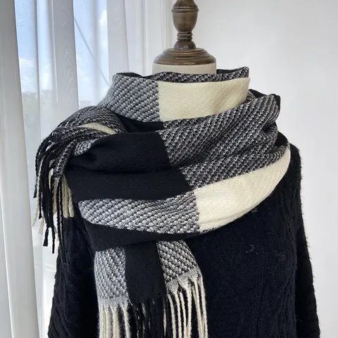 Automne Hiver Femmes Imitation Cachemire Écharpe À Carreaux Glands Chaud Long Châle Mode Décontracté Doux Écharpe De Cou Cadeau