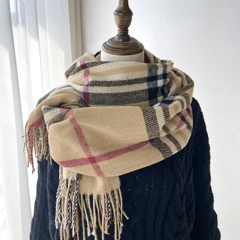 Écharpe Femme Vintage Britannique Carreaux Imitation Cachemire Hiver Chaud Franges Châle Long Doux Mode Cou