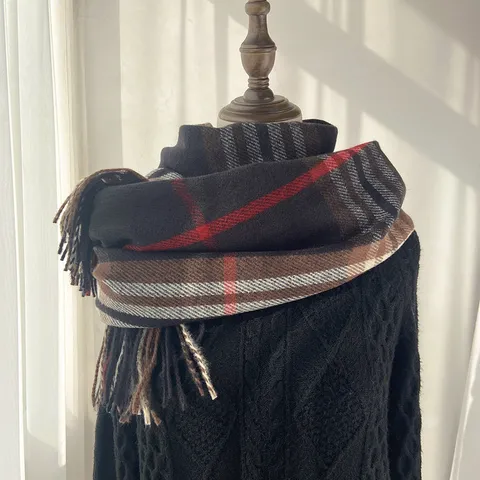 Écharpe Femme Vintage Britannique Carreaux Imitation Cachemire Hiver Chaud Franges Châle Long Doux Mode Cou