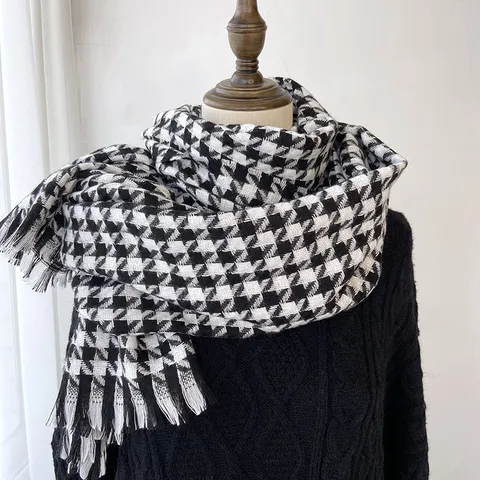Femme Hiver Chaud Écharpe Pied-de-poule Imitation Cachemire Gland Châle Classique Écharpe Longue Douce