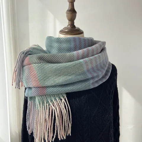 Femmes Hiver Chaud Imitation Cachemire Écharpe Classique Écossais Franges Long Châle Doux Confortable Quotidien Casual Col