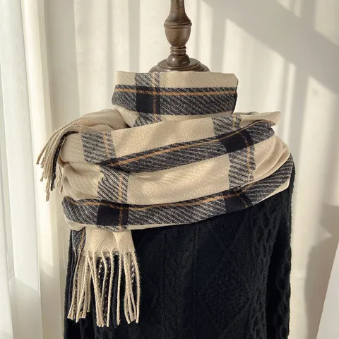 Femme Hiver Chaud Cachemire Synthétique Écharpe À Carreaux Classique Franges Long Châle Doux Hiver Écharpe De Cou Accessoires De Mode