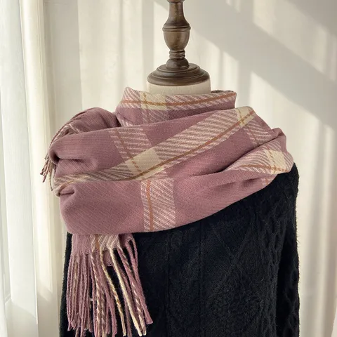 Femme Hiver Chaud Cachemire Synthétique Écharpe À Carreaux Classique Franges Long Châle Doux Hiver Écharpe De Cou Accessoires De Mode